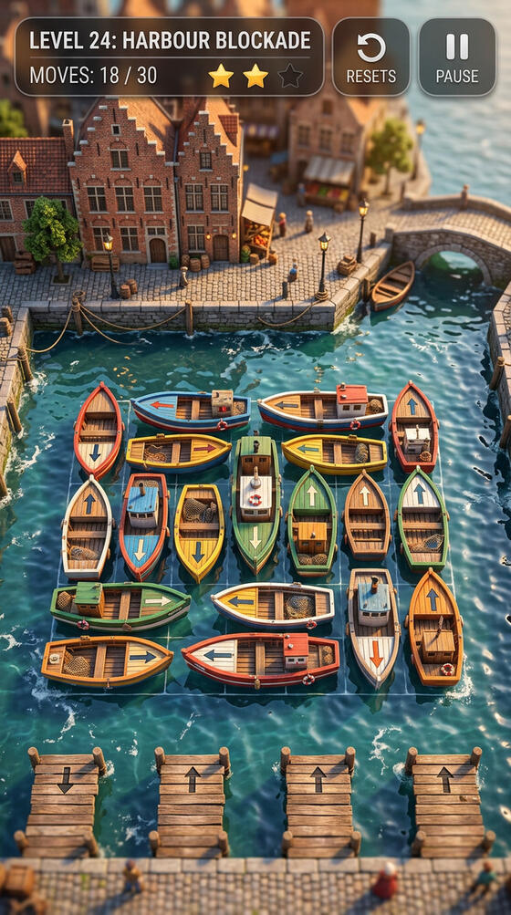 Ferry Out gameplay: boats jammed in a miniature harbour