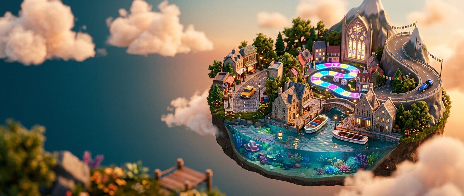 A floating miniature diorama island mixing Ottran's game worlds: a harbour with boats, a neon board game, a stained-glass cathedral and a winding sky road